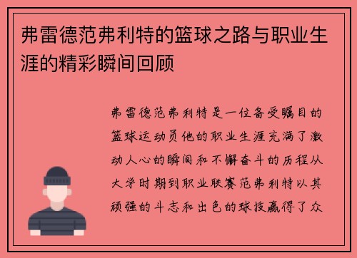 弗雷德范弗利特的篮球之路与职业生涯的精彩瞬间回顾